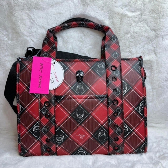🔹️BETSEY JOHNSON🔹️ red Plaid Skull Tote w/ coin pouch XOLOLO ✨️❤️ - Picture 1 of 12